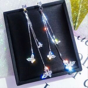 Baguette Diamond Butterfly Tassel Long Dangle Earrings on 925 Silver - Women's